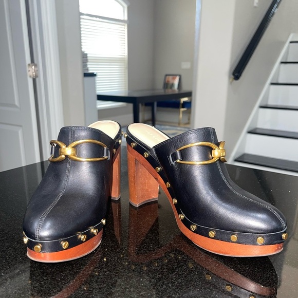 VERONICA BEARD Giles Clog in Black Leather Gold Stud Grommet Wooden Heel Sz 10 - Picture 6 of 14